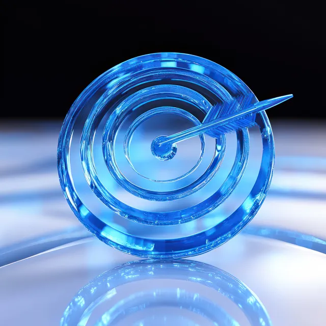 Glowing blue 3D target with concentric rings and an arrow embedded in the bullseye, reflected on a glossy surface.