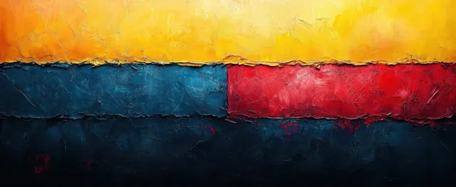Abstract artwork blending Ukrainian and Russian flag colors, symbolizing themes of conflict, dialogue, and peace.