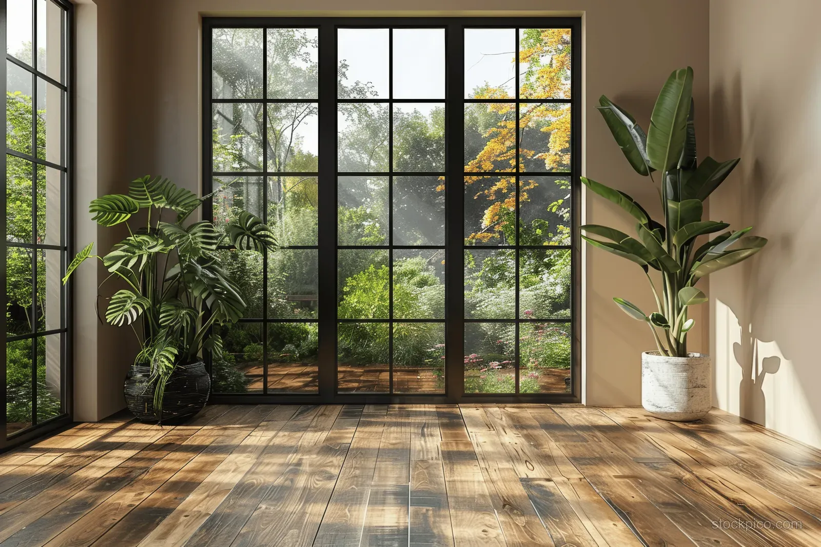 Bright contemporary apartment interior with wooden flooring, beige walls, black window frames, and stylish corner plants.