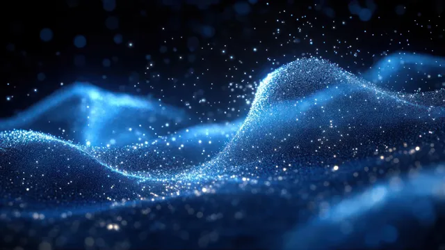 Glowing blue particles form wave-like ridges across a dark background with sparkling depth.