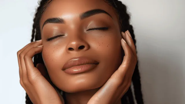 African American woman with long braids touching her face in warm spa-like studio lighting with eyes closed.