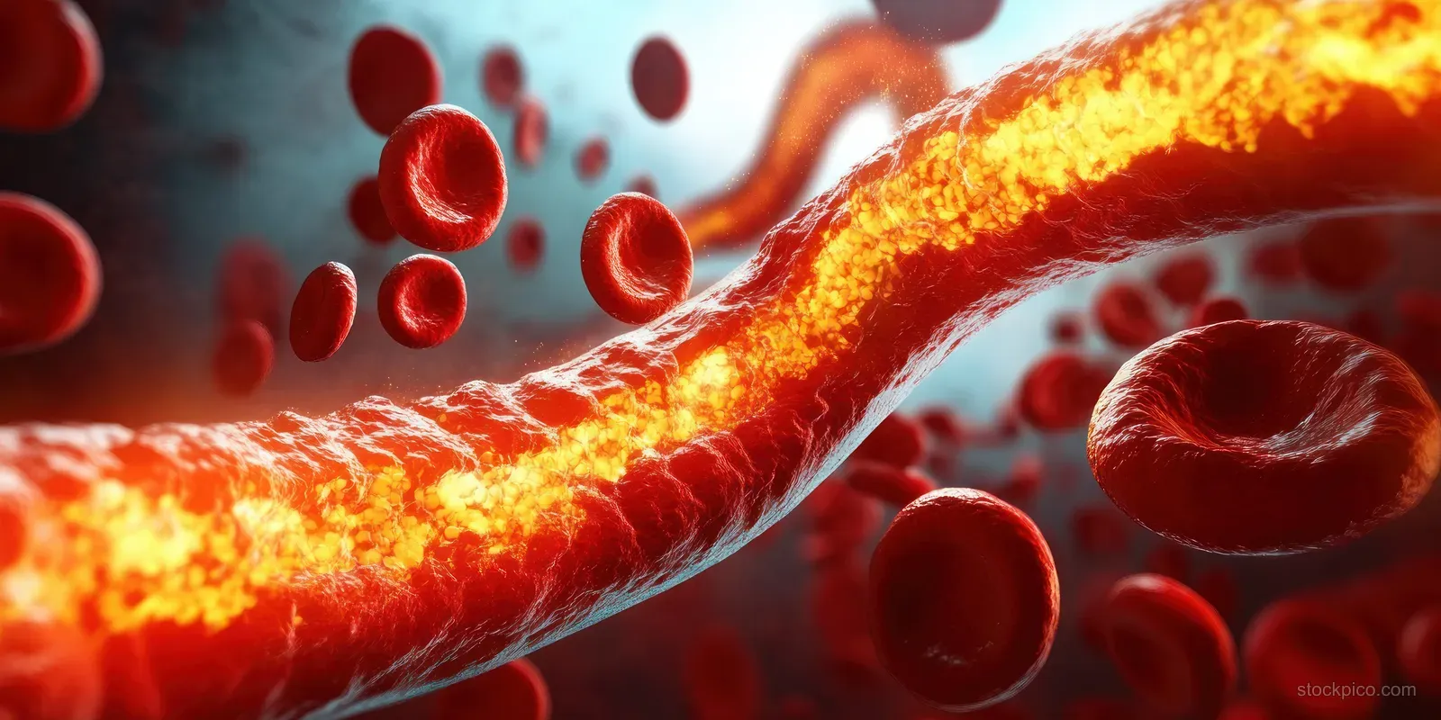 Red blood cells move around a narrowed artery segment with a glowing cholesterol plaque deposit.