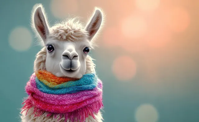 A llama portrait wearing a colorful scarf, centered on a soft pastel abstract background with bokeh lights.