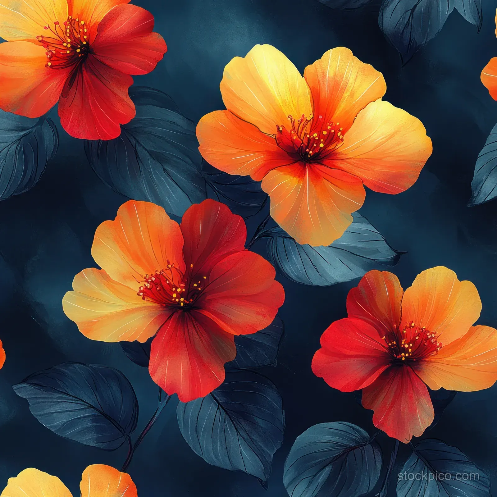 Red and yellow hibiscus blossoms scattered on dark blue watercolor leaves in a seamless floral pattern.
