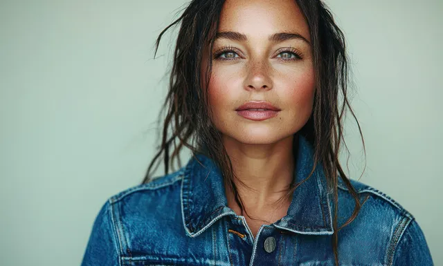 A woman with dreadlocks smiles in a denim jacket under soft light against a neutral background.
