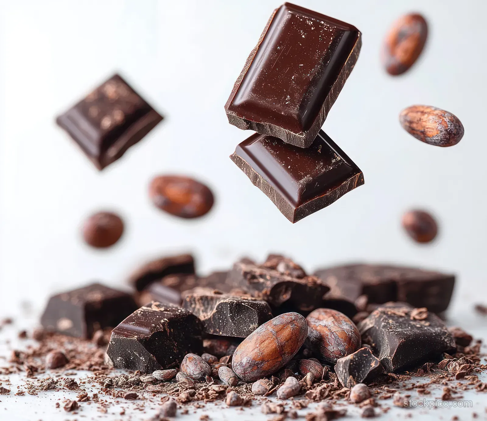 Dark chocolate chunks and cocoa beans with cocoa shavings scattered on a white background.