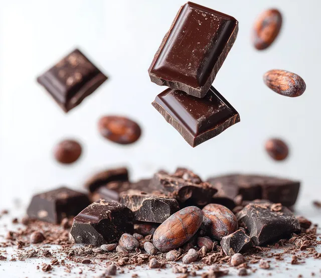 Dark chocolate chunks and cocoa beans with cocoa shavings scattered on a white background.
