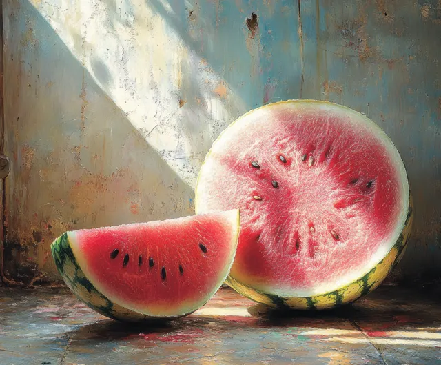 Whole watermelon and red-fleshed slices with visible seeds placed on a rustic concrete background.
