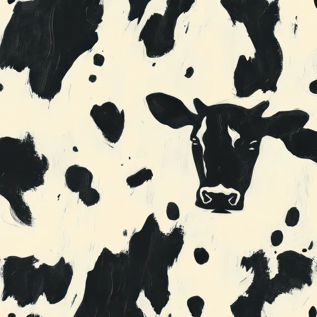 Black and white abstract cow-spot painting shaped like a cow’s head with a neutral expression.