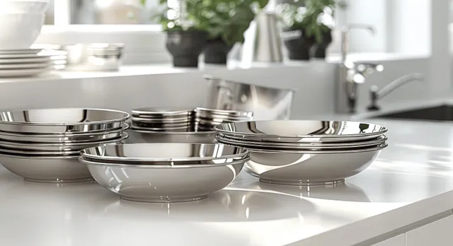 Wildlife-themed plates and bowls stacked on a white counter with shiny stainless steel trays behind them.