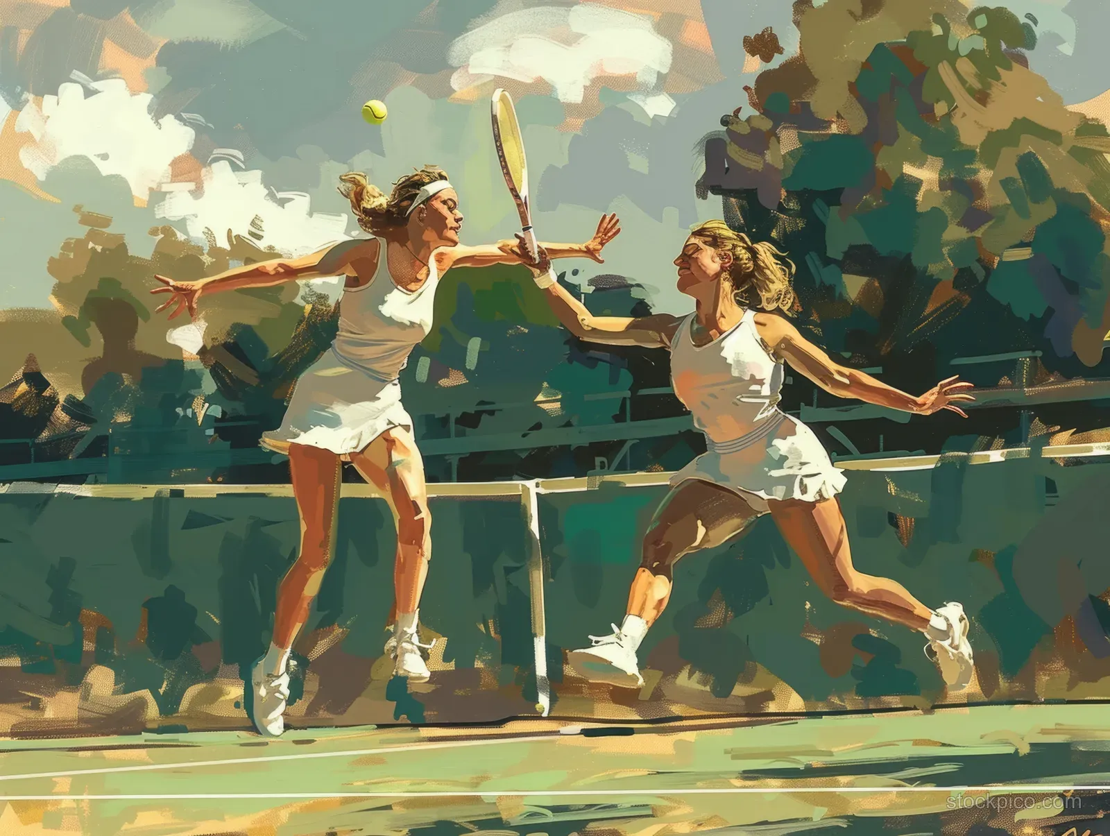 Two Czech women leap while playing doubles tennis on a sunlit green outdoor court.