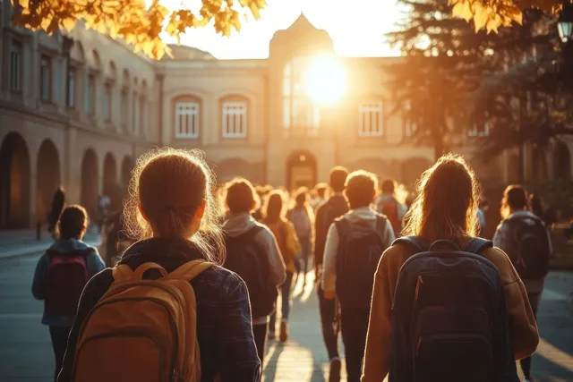Students with backpacks walk along a campus courtyard as late-afternoon sunlight creates long shadows and warm autumn foliage.