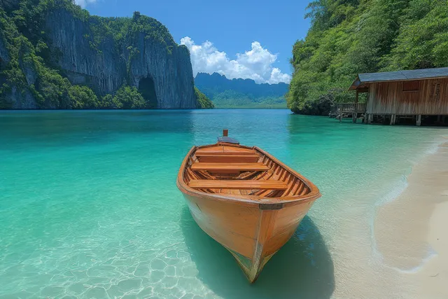 Traditional Thai longtail boat moored on a tropical beach with turquoise water and limestone cliffs behind.