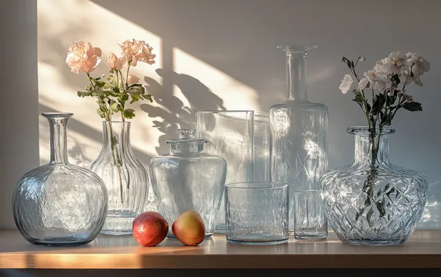 Transparent glass lab bottles and beakers on a wooden shelf with colorful spheres and bubble-like DNA textures.