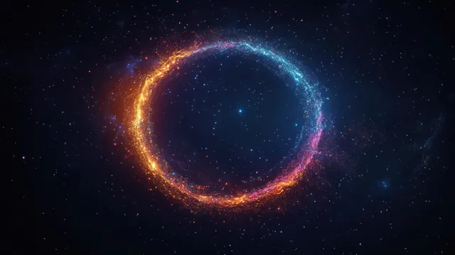 A circular nebula ring glows with orange and blue hues surrounded by distant stars in deep space.