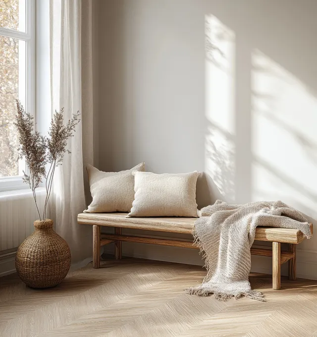 Sunlight falls on a wooden bench with soft pillows, a cozy throw, and sheer curtains beside a floor vase.