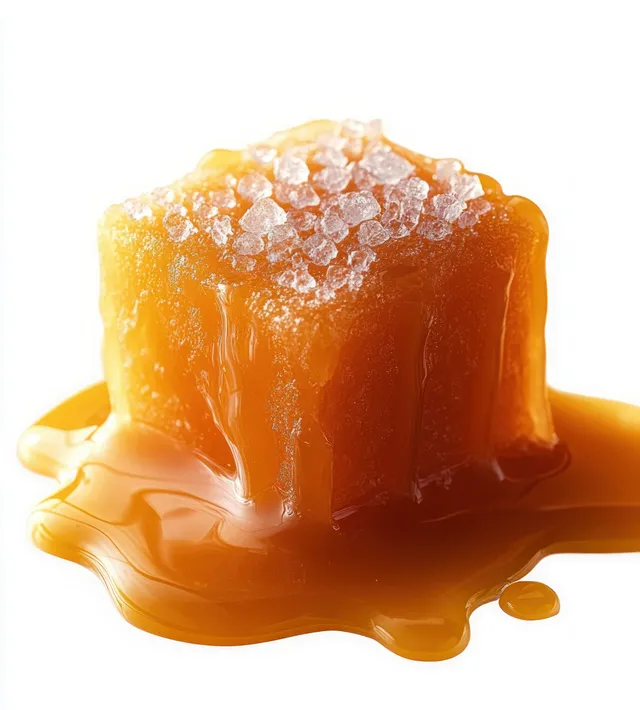 Melting caramel cube with coarse sea salt crystals on white background