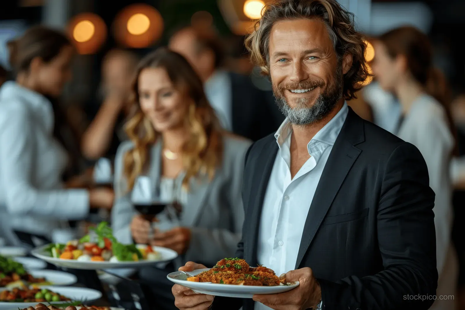 Business professional holding a plate at a corporate networking event with wine glasses and blurred colleagues in the background.