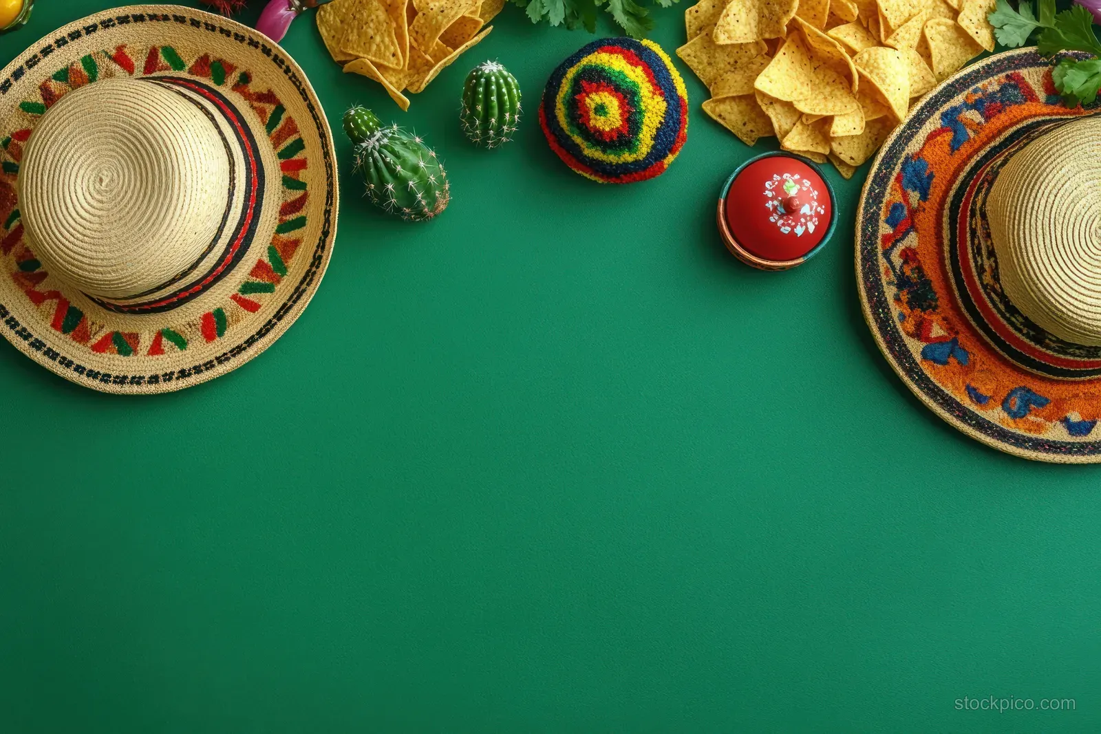 Colorful Mexican fiesta props including sombreros, cactus decorations, and nacho chips arranged on a green top view background.