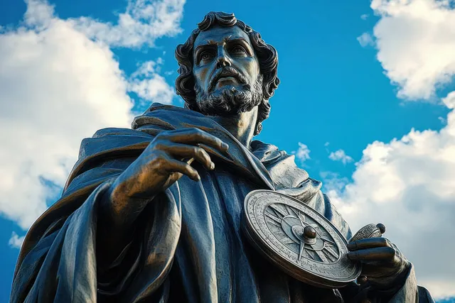 Bronze Copernicus statue in Torun holds a celestial globe under a bright blue sky and white clouds.
