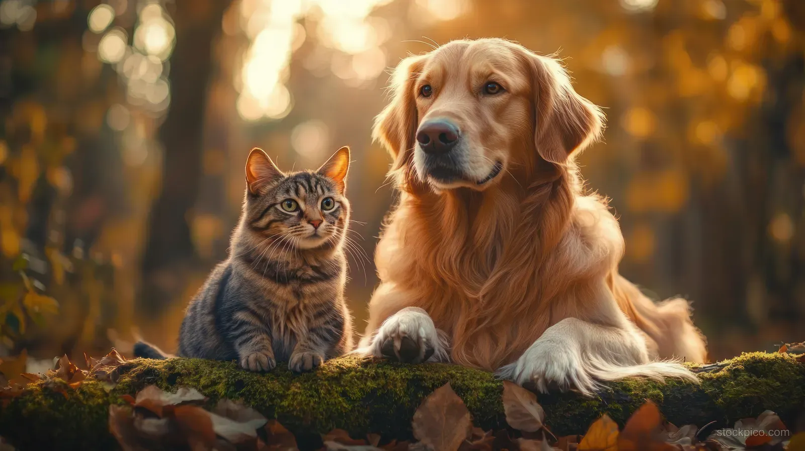 A golden retriever and a tabby cat sit side by side on mossy ground surrounded by autumn leaves.