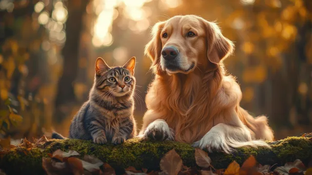 A golden retriever and a tabby cat sit side by side on mossy ground surrounded by autumn leaves.