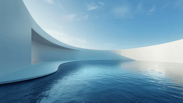 Minimalist curved white building facade rises from a calm water surface beneath a clear blue sky.