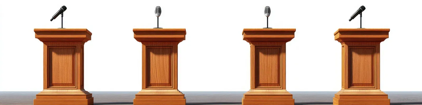 Four wooden podiums with microphones are arranged in a row on a clean studio floor against a plain white background.