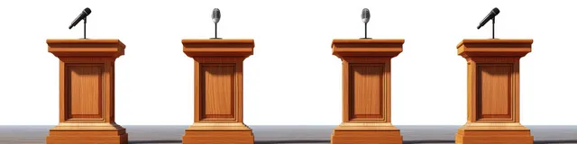 Four wooden podiums with microphones are arranged in a row on a clean studio floor against a plain white background.