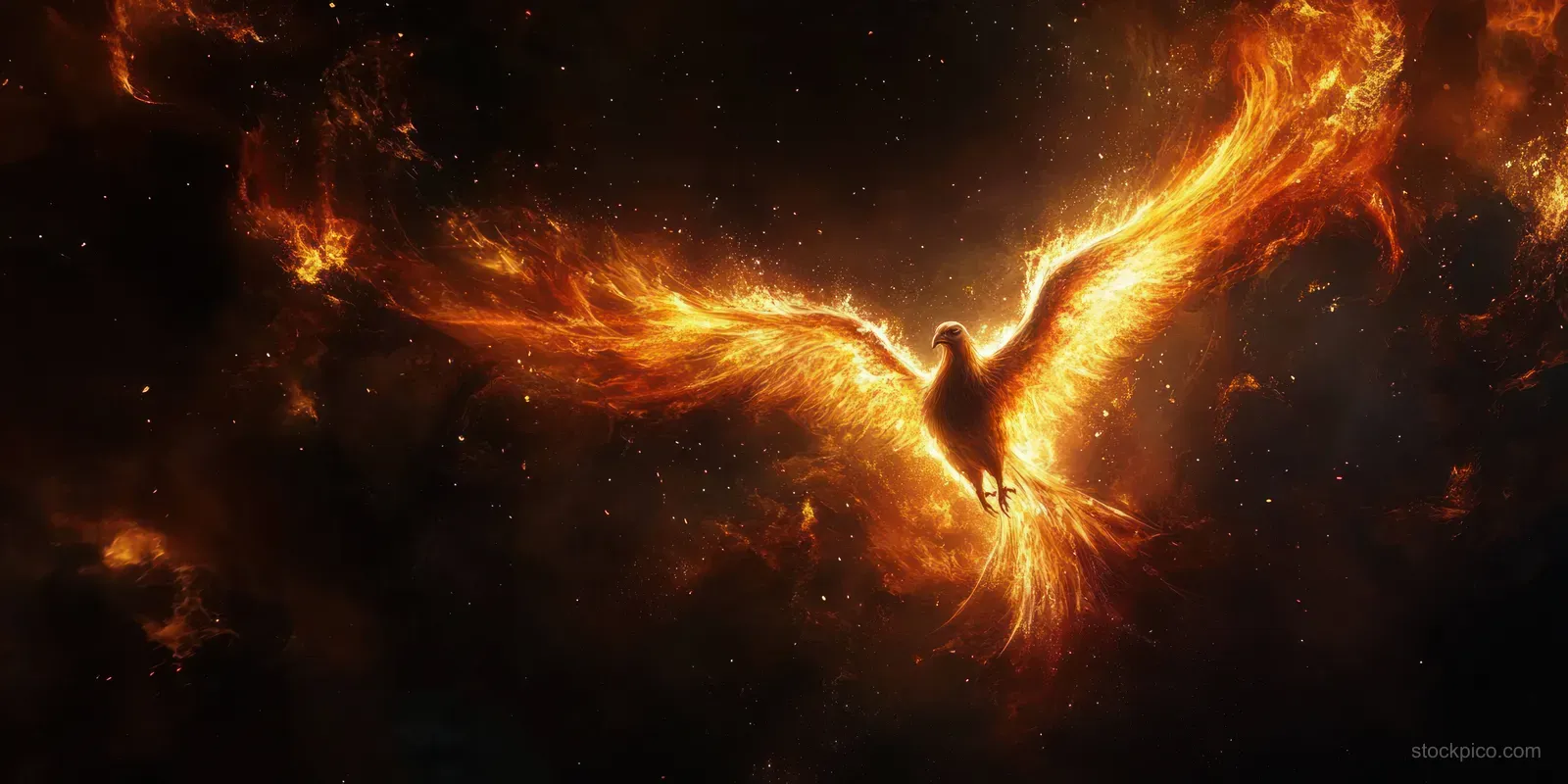 Golden phoenix-shaped flames rise into a dark smoky sky, scattering glowing embers.