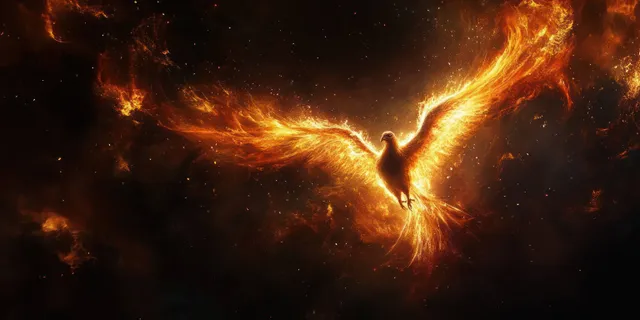 Golden phoenix-shaped flames rise into a dark smoky sky, scattering glowing embers.