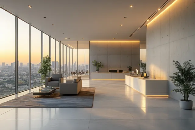 Minimal modern office interior shows spacious desks and a glass meeting room with warm sunset light.
