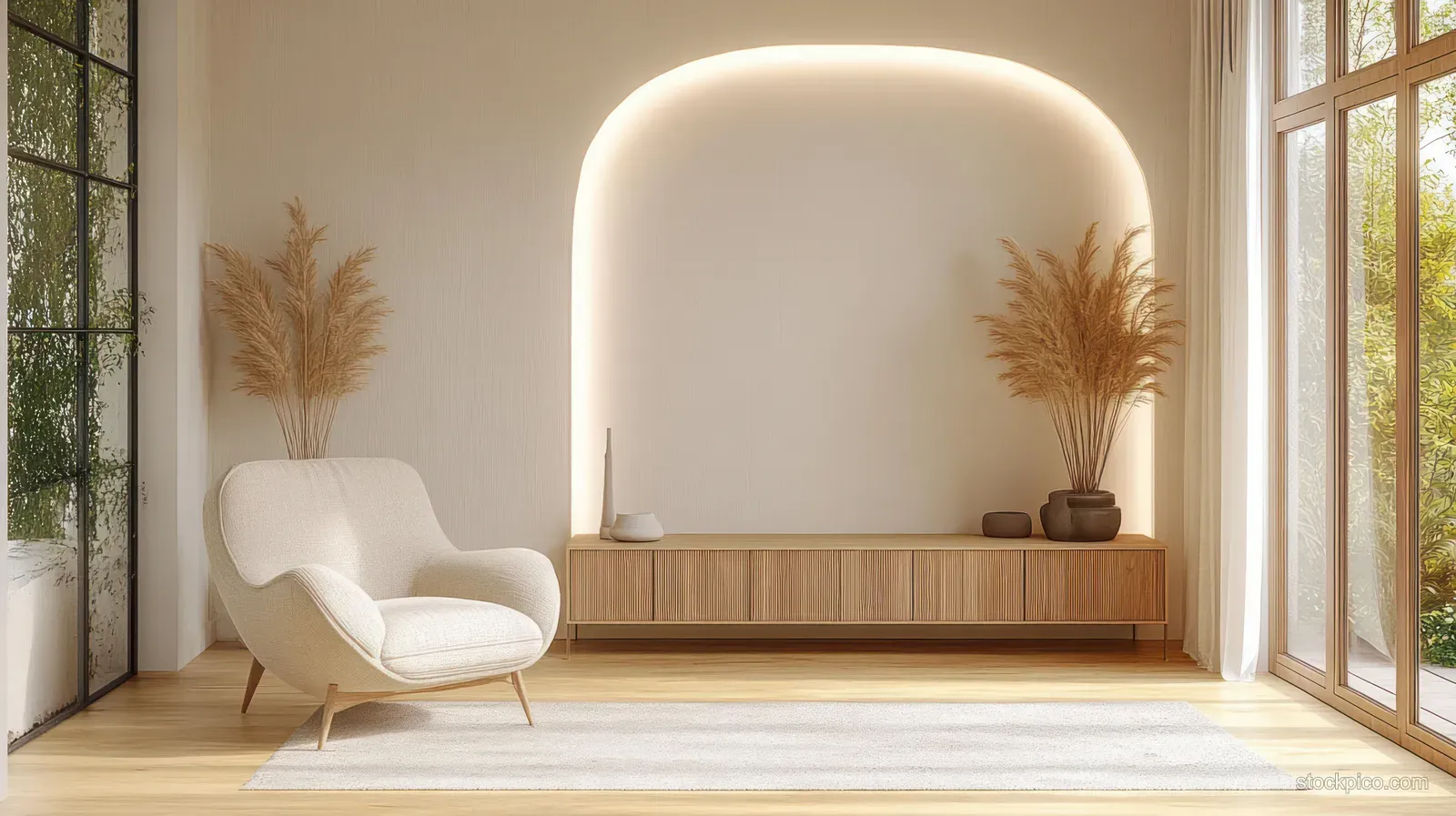 A beige armchair sits beside a wooden console in a minimalist living room with soft daylight.