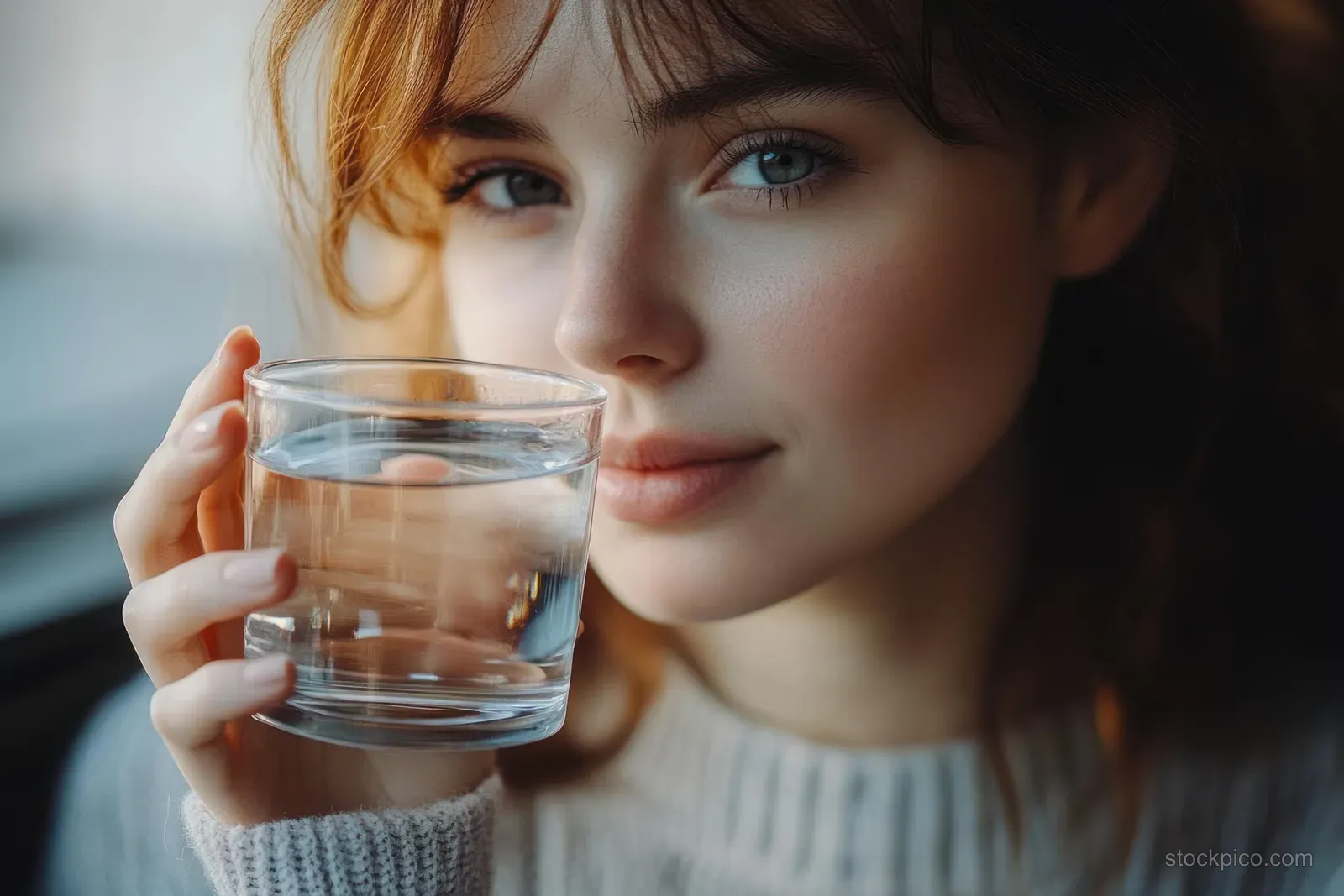 Young woman with blue eyes holds a glass of water near her face with a calm, serene expression.