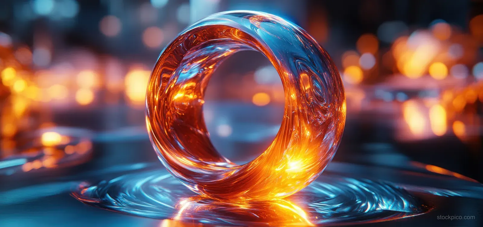 A glowing iridescent ring rests on a reflective blue surface with colorful blurred lights in the background.