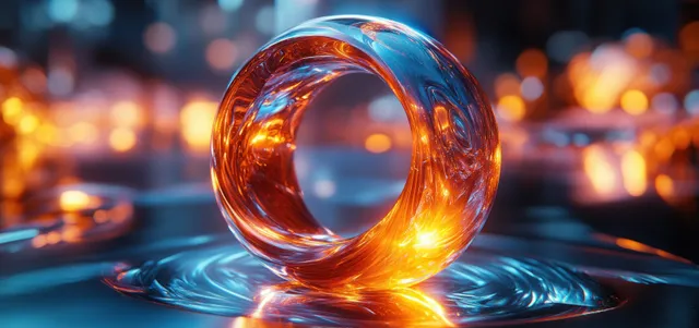 Iridescent glossy ring glowing on reflective blue surface with futuristic bokeh lights