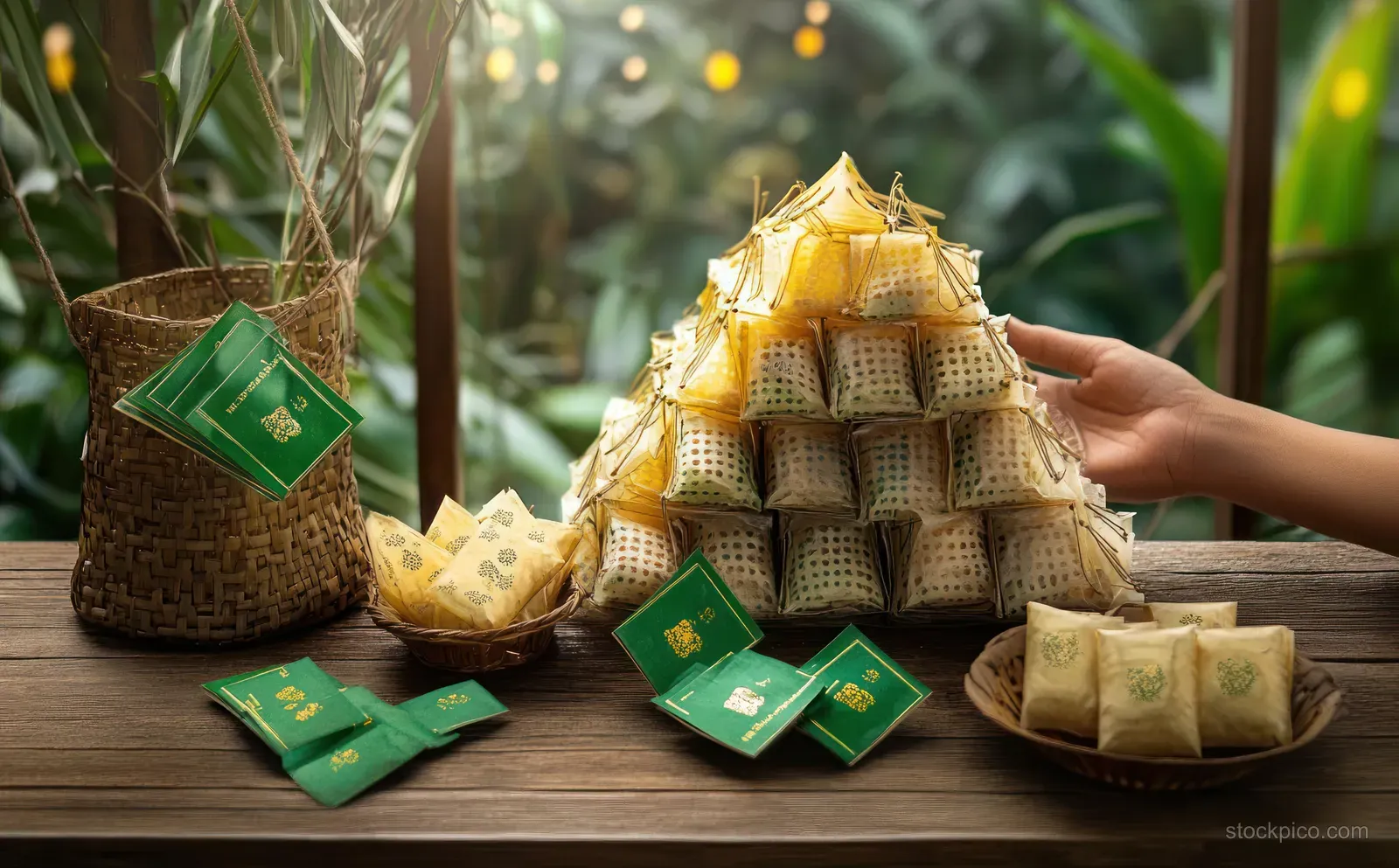 A hand arranges yellow and green tea bags into a pyramid on a wooden table with wicker baskets and green plants behind.