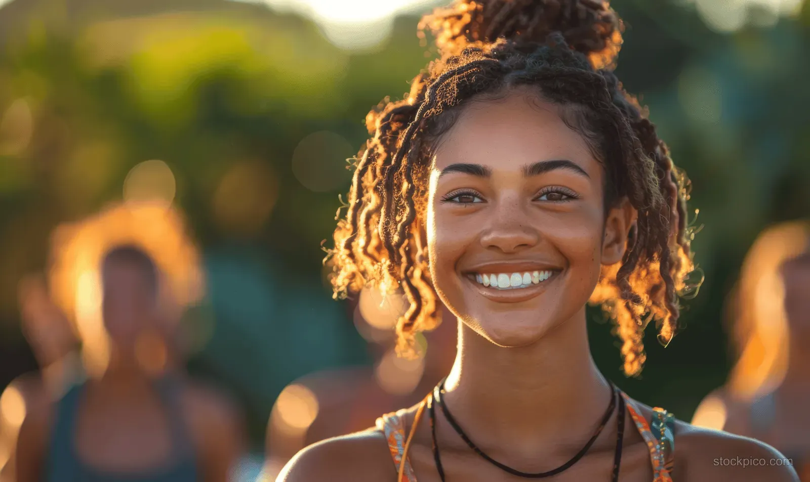 Smiling Black woman practicing yoga outdoors in a park during golden hour with friends nearby.