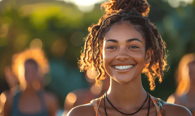 Smiling Black woman practicing yoga outdoors in a park during golden hour with friends nearby.