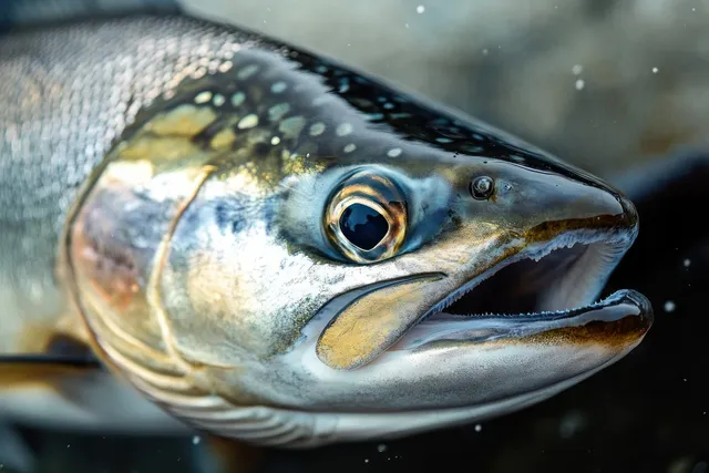 Silver fish close-up underwater showing sharp teeth and detailed scales