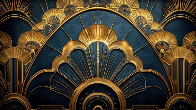 Symmetrical Art Deco fan arch design with gilded gold accents on a dark navy decorative background.