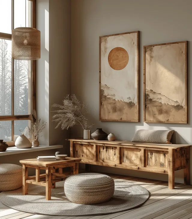 Cozy beige living room with wooden sideboard, framed wall art, sunlit window, and warm lamp lighting in a 3D render.