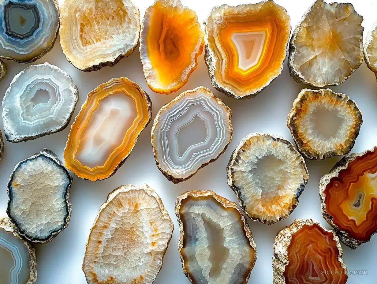 Polished agate slices with orange and blue concentric bands arranged closely on a light background.