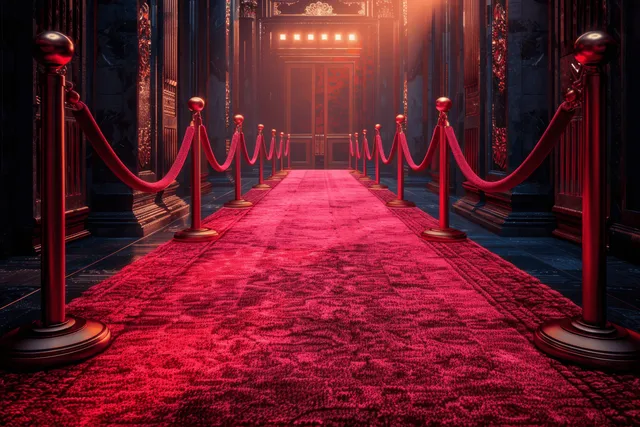 Red carpet entrance flanked by velvet ropes and illuminated spotlights in a dark celebrity event hallway.