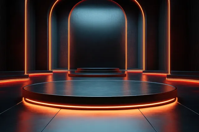 A circular stage platform sits in a dark room framed by glowing orange neon arches.