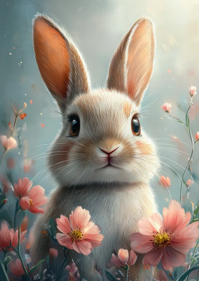 Watercolor rabbit with pink flowers and a bow-like accent peeks from a soft pastel background.