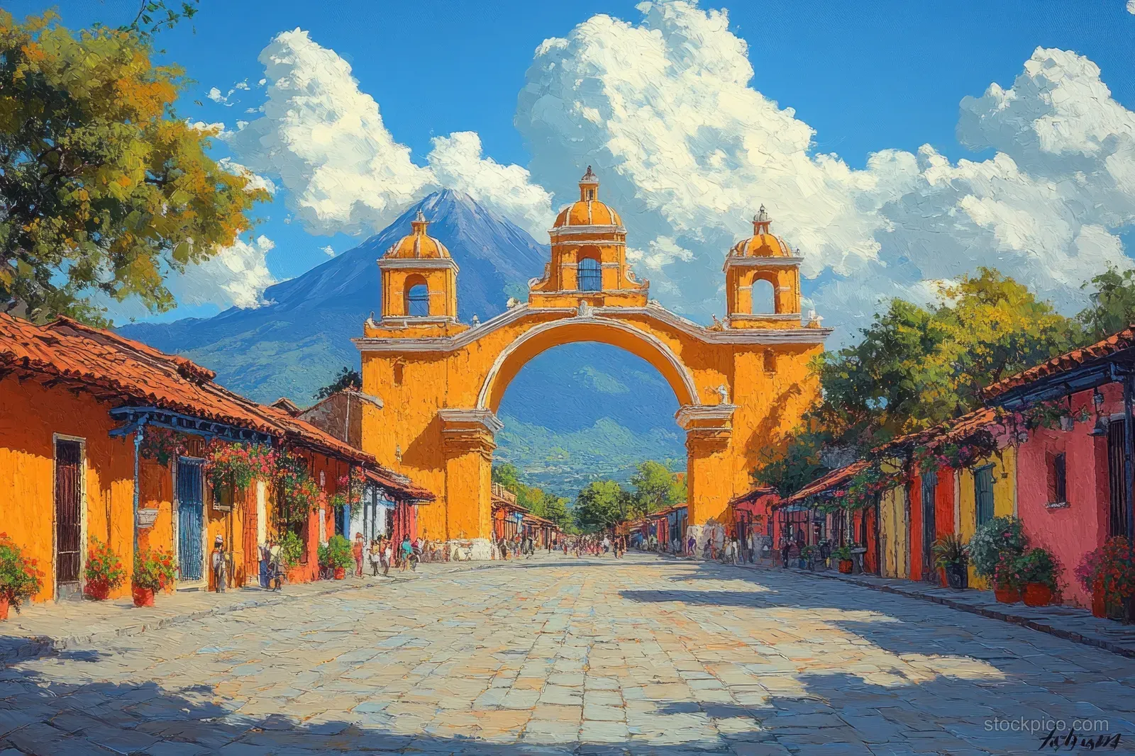 Santa Catalina arch over a cobblestone street in Antigua Guatemala with Volcano Agua and clouds behind.
