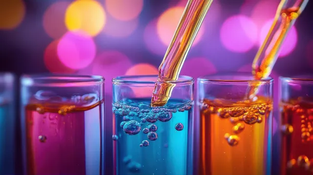 Colorful liquids pour into clear test tubes with bubbles while glowing bokeh lights blur in the background.