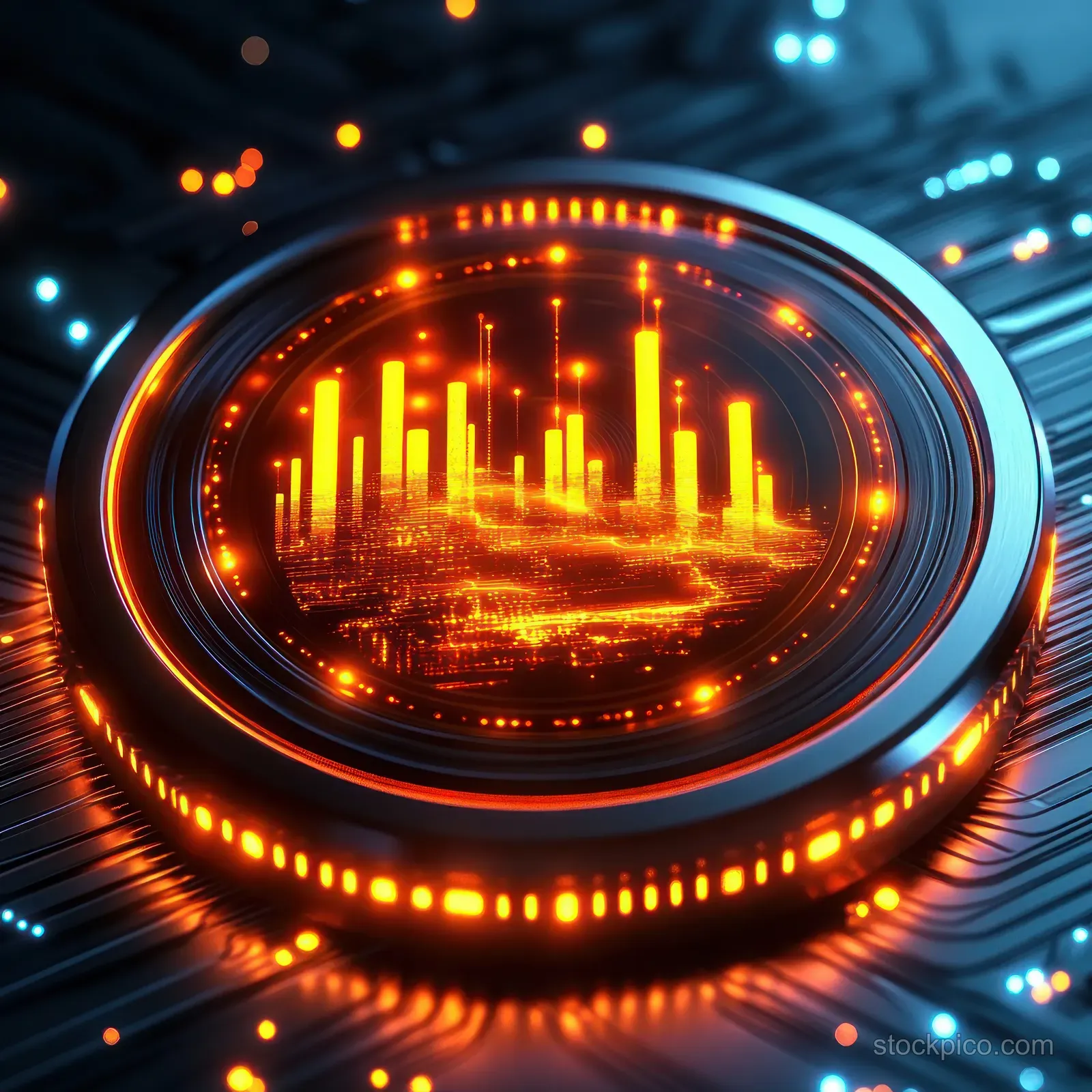 Glowing orange bar charts displayed inside a circular HUD on a blue circuit board background.