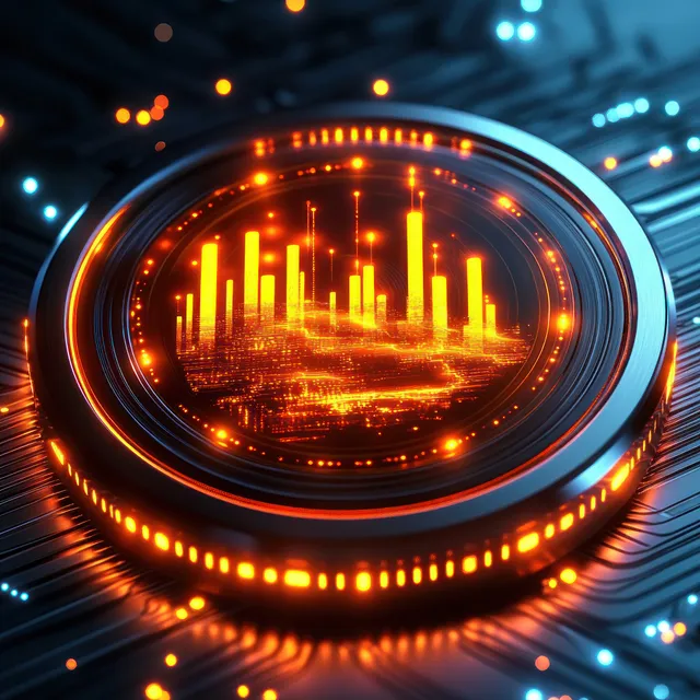 Glowing orange bar charts inside a circular HUD on a high-tech circuit board
